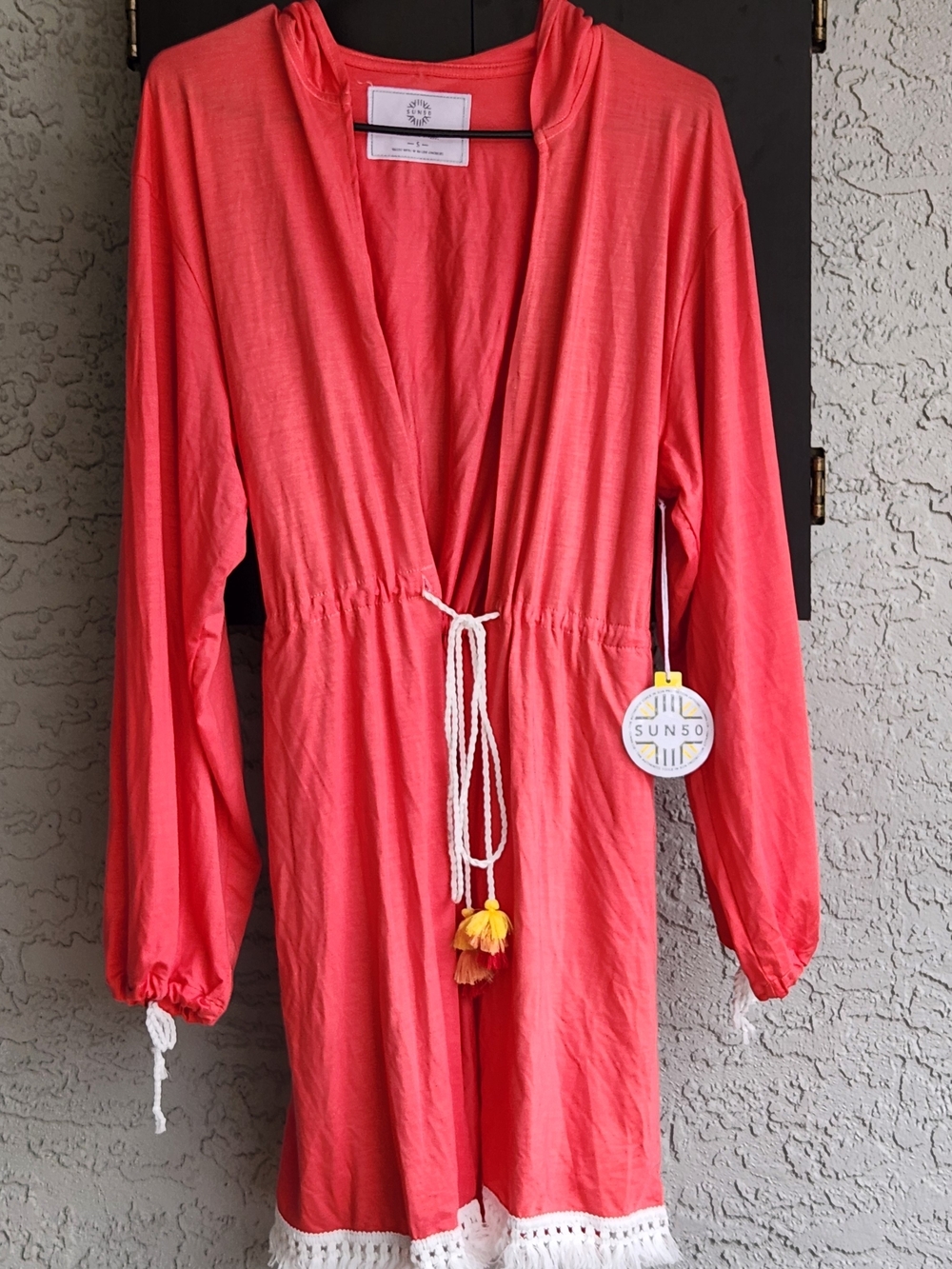 NWT Women's Sun50 Coral/Salmon Hooded Swim Coverup with Tassel Tie Size Small